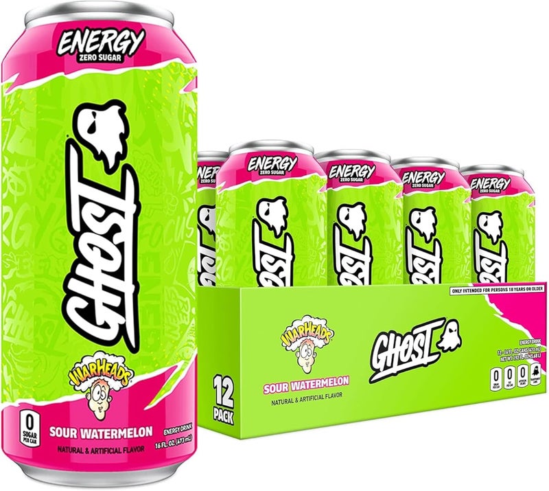 Ghost مشروب الطاقة GHOST ENERGY خالي من السكر - عبوة 12، نكهة WARHEADS بطيخ حامض، 16 أونصة - Image 1